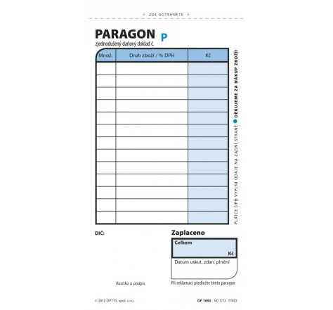 Paragon nepropis, čísl. OP 1092